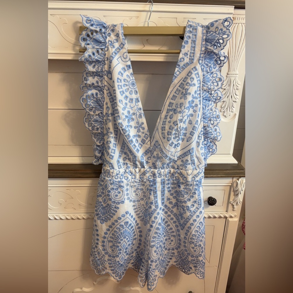 Blue and White Embroidered Romper